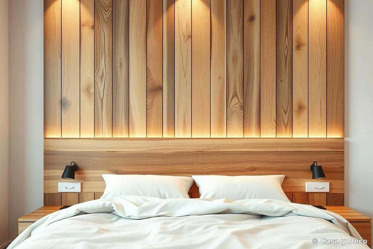 Cabecero de madera recuperada con tablones verticales en tonos naturales