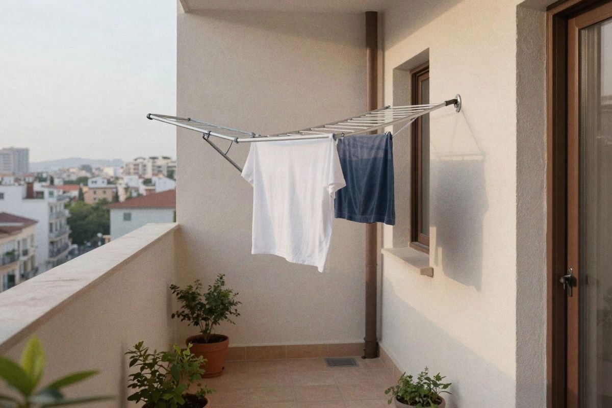 Illustrative image: wall-mounted folding clothesline installed on a narrow balcony.