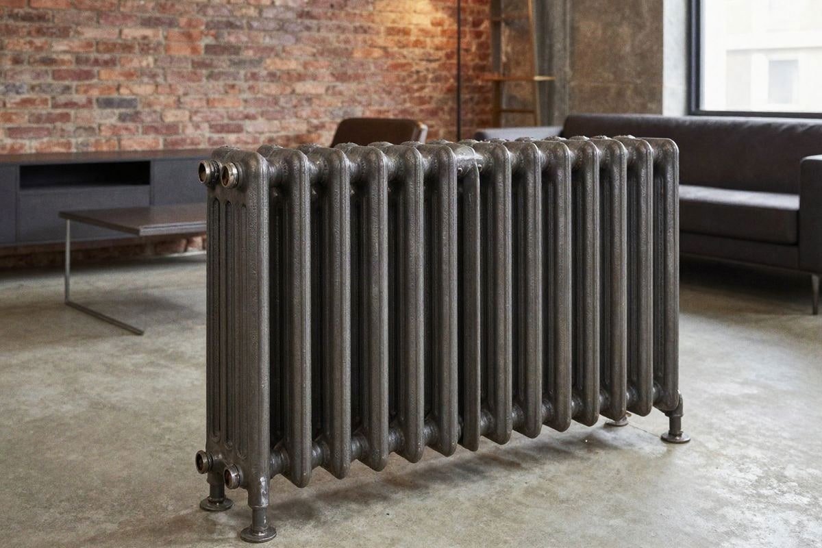 Illustrative image: industrial radiator with oxidized metal finish in loft