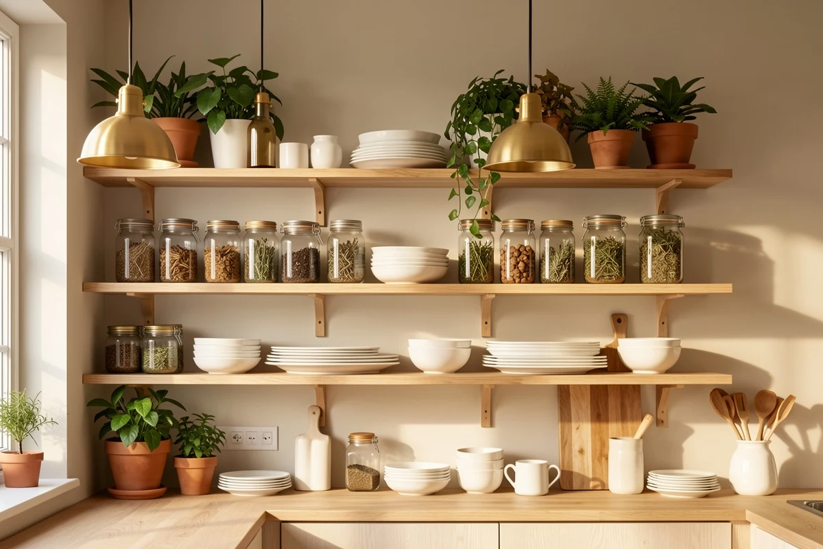 Open shelving decorated with plants, ceramics and visual focal point