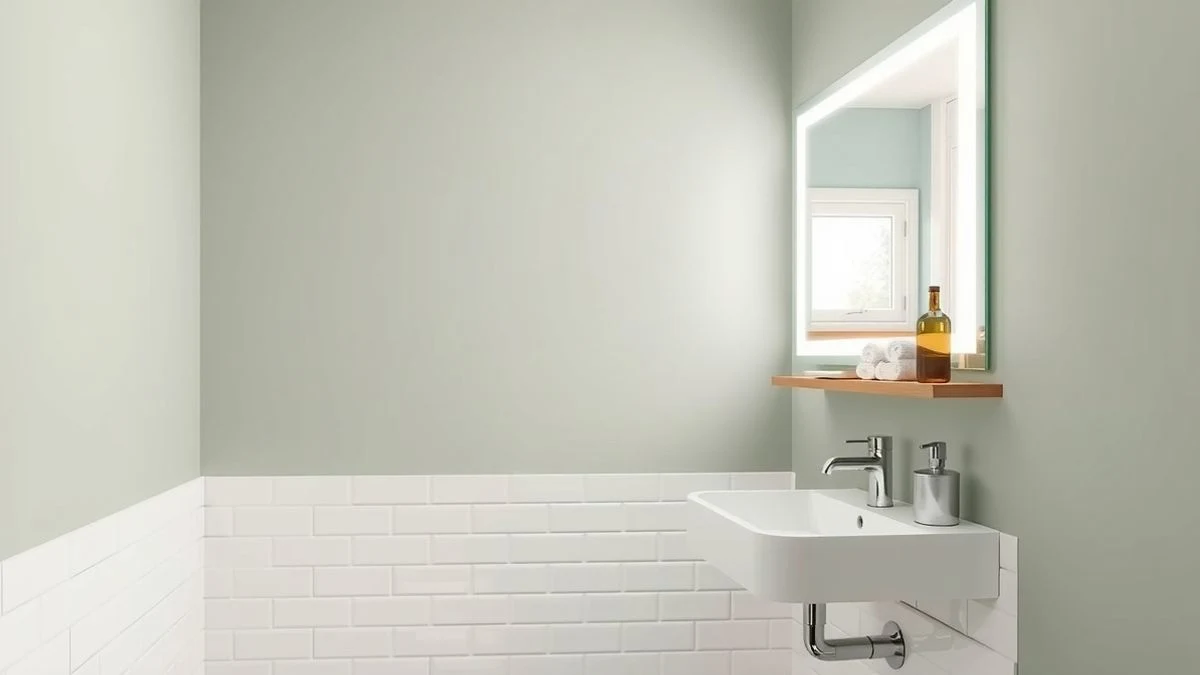 Baño moderno con paredes verde salvia claro y acabados minimalistas