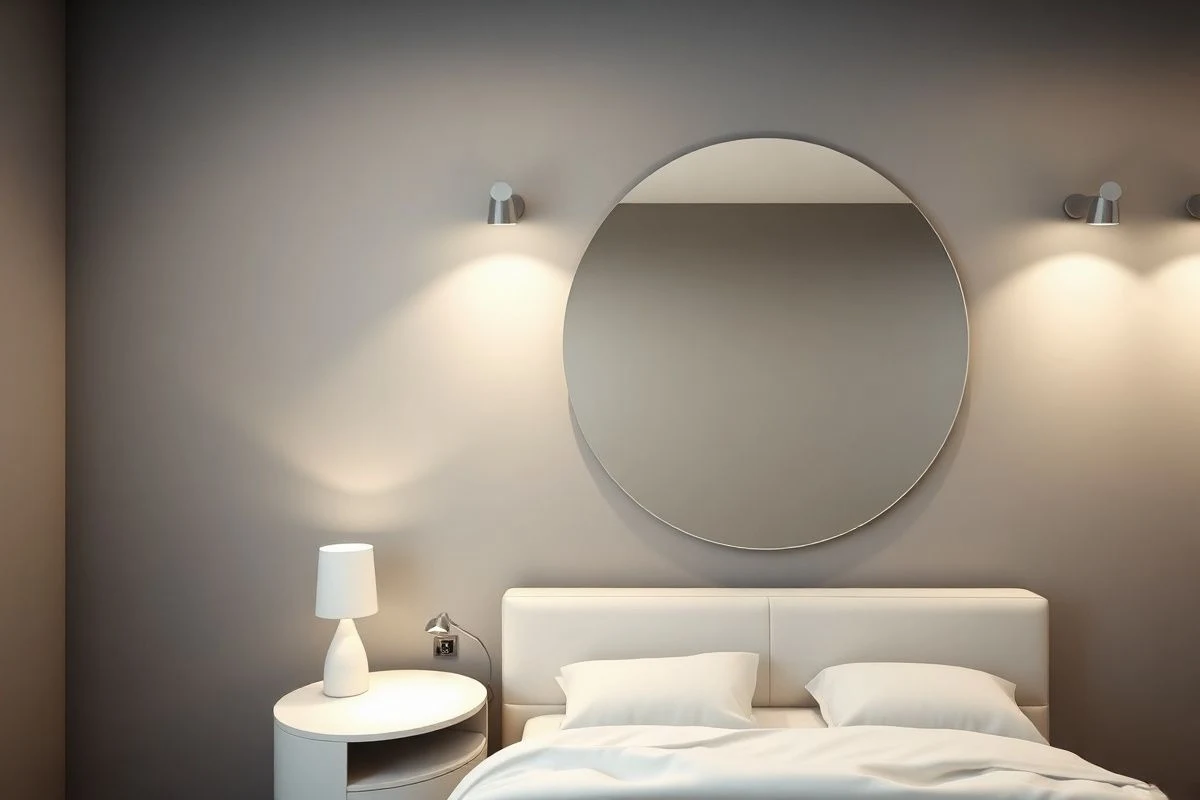 Large mirror in dark bedroom reflecting and amplifying artificial light