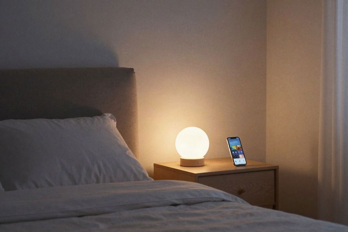 Illustrative image: bedroom with dimmed smart lighting creating a relaxing and cozy atmosphere