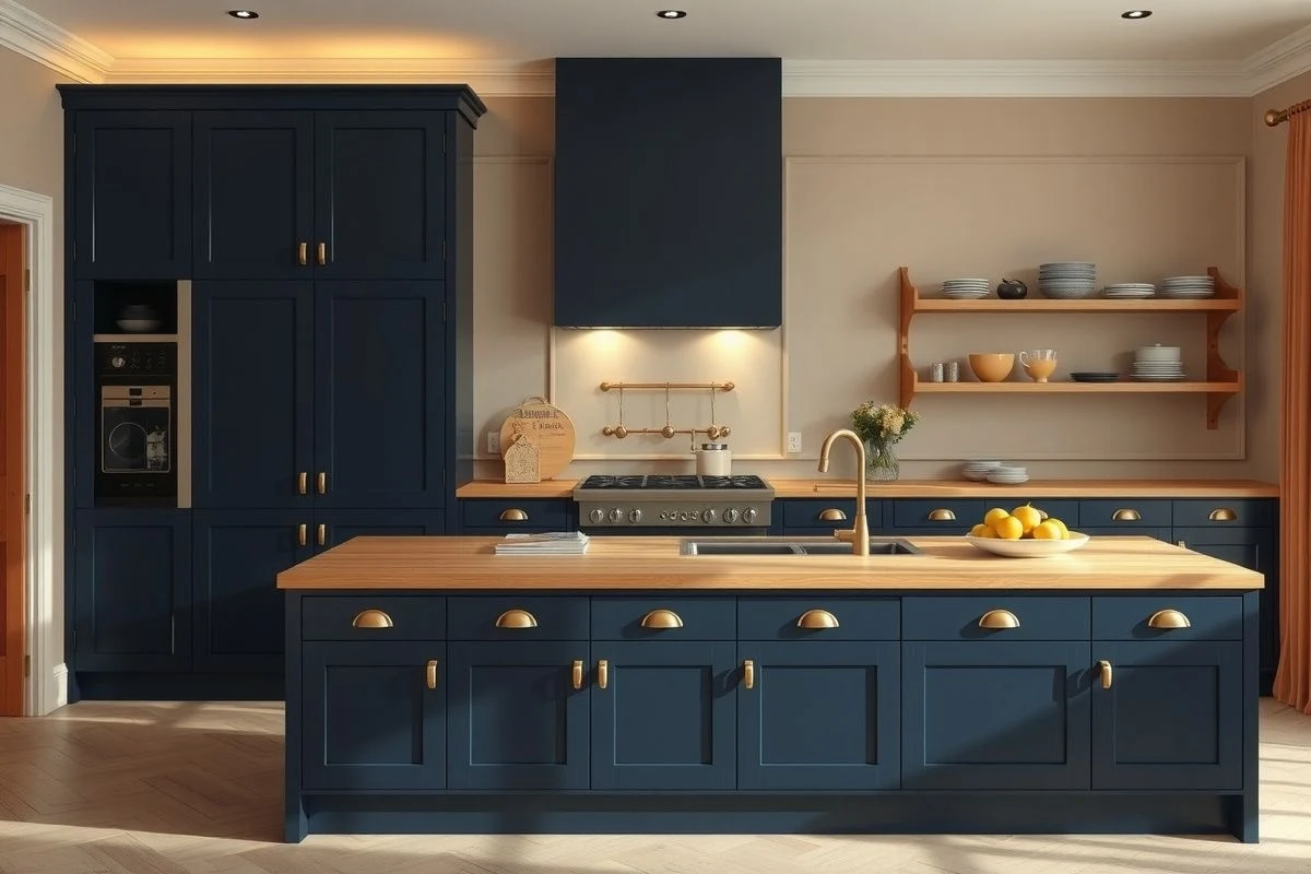 Imagen ilustrativa: Isla de cocina en azul marino oscuro con encimera de madera y herrajes de latón antiguo