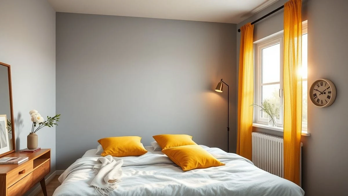 Dormitorio moderno con gris suave y mostaza cálida en textiles