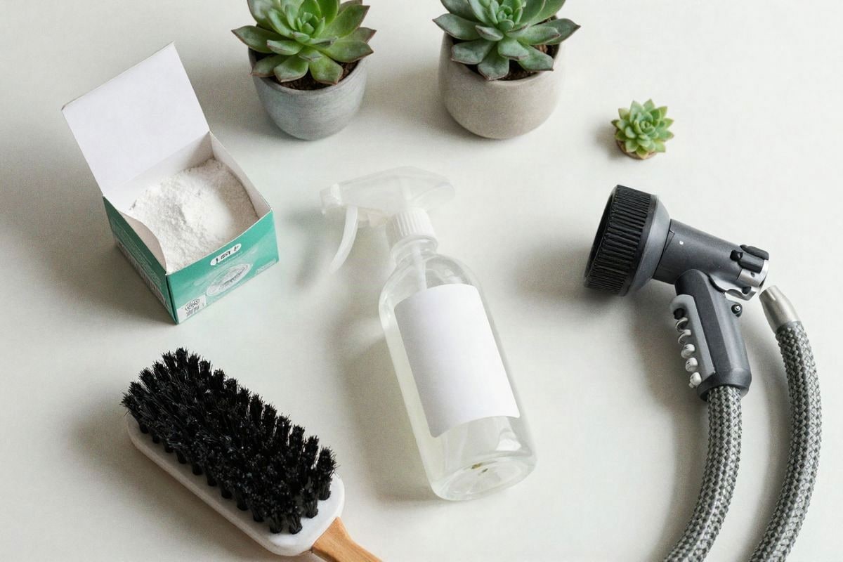 Imagen ilustrativa: productos de limpieza y mantenimiento para césped artificial.