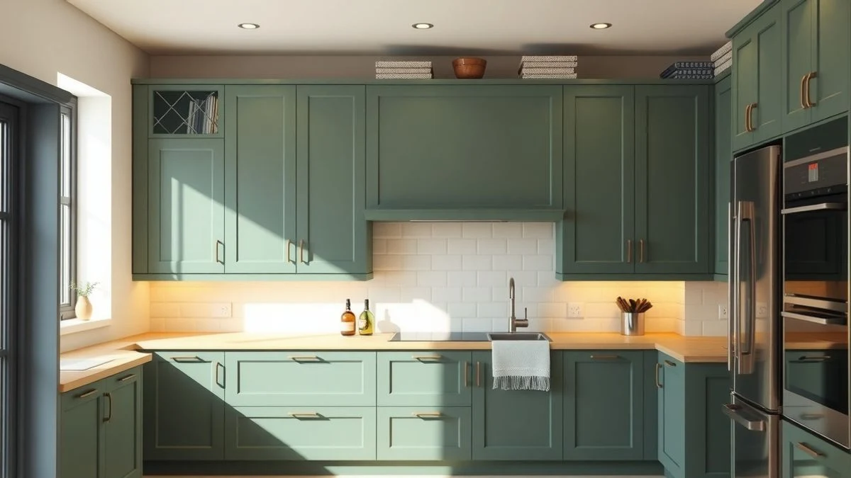 Imagen ilustrativa: Cocina moderna con frentes en verde salvia profundo, encimera de madera clara y luz natural