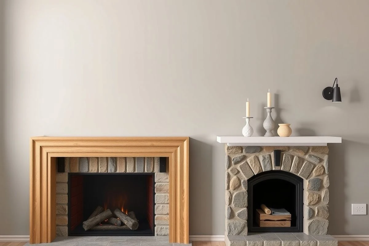 Pared focal de la chimenea en tonos grises cálidos con estanterías flotantes integradas
