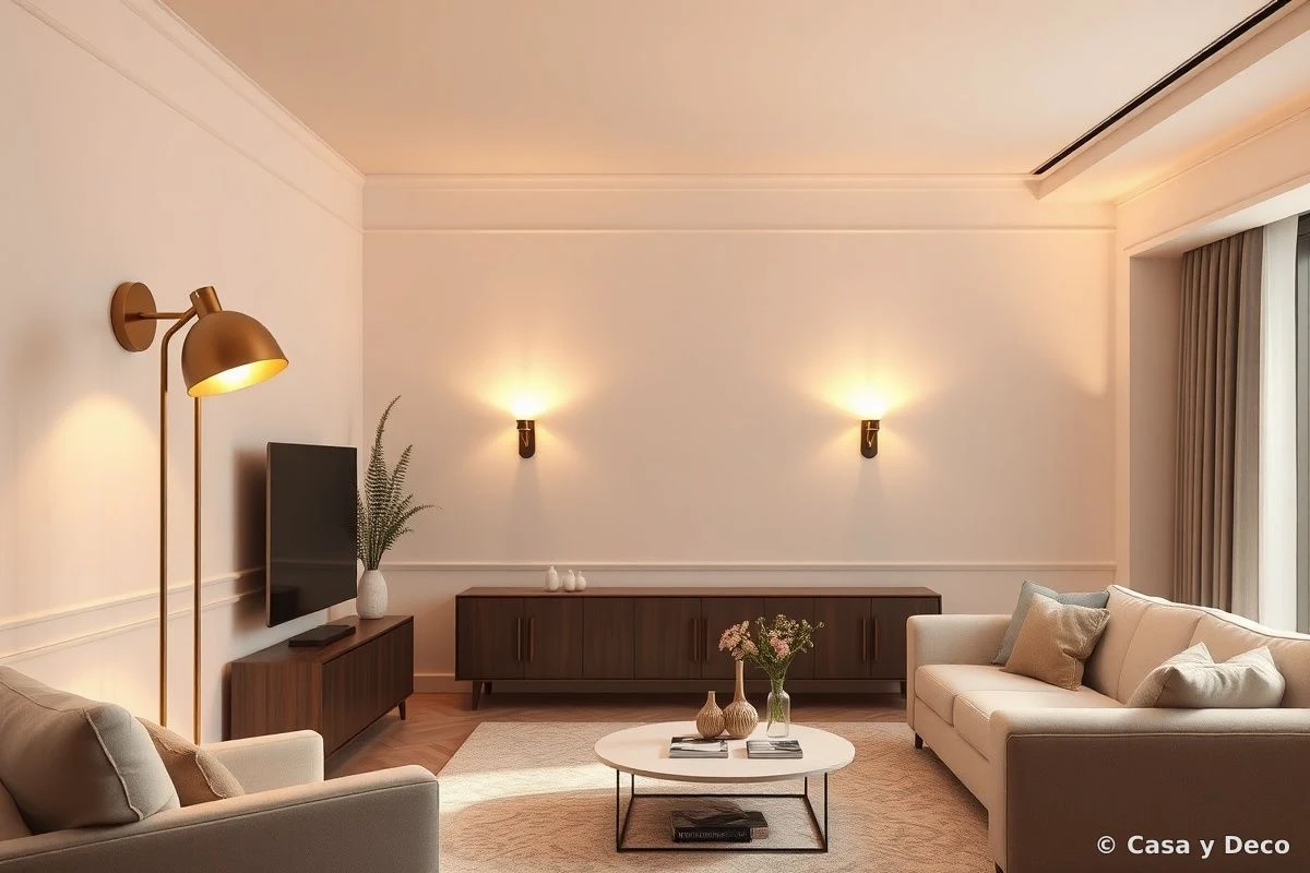 Salón con iluminación en capas: lámpara de pie, apliques y luz central cálida