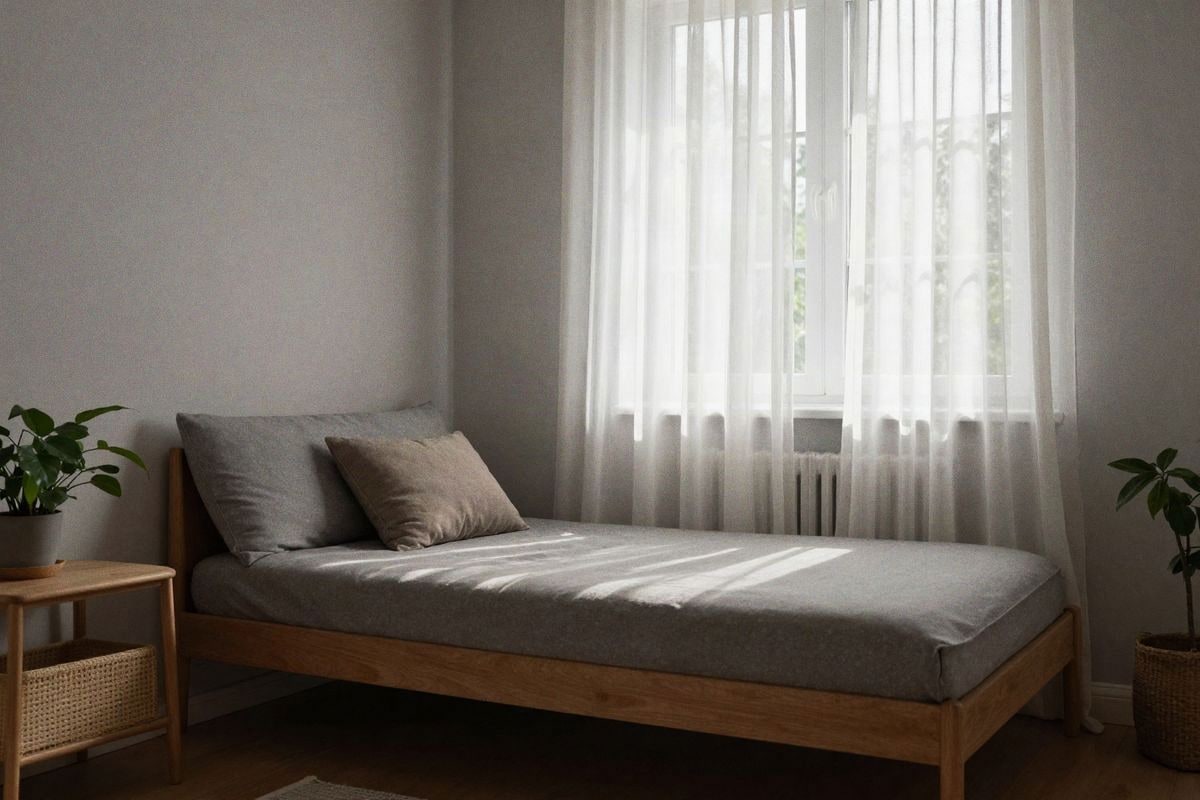 Imagen ilustrativa: sofá cama en salón junto a ventana con visillos, luz natural difusa.