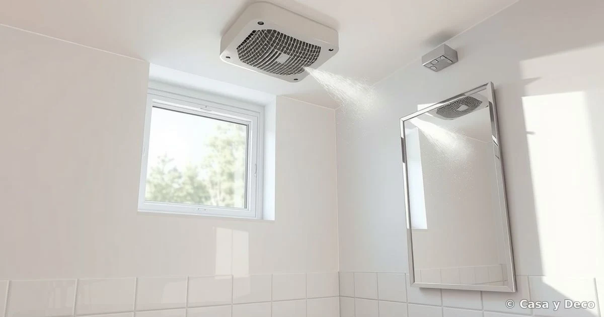 Baño sin ventana con extractor de aire moderno y paredes de cerámica impermeable