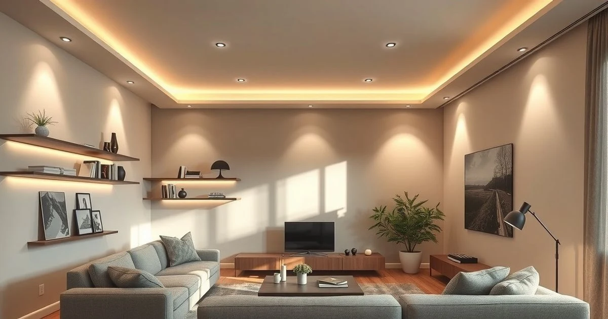 Modern living room with layered warm and cool lighting
