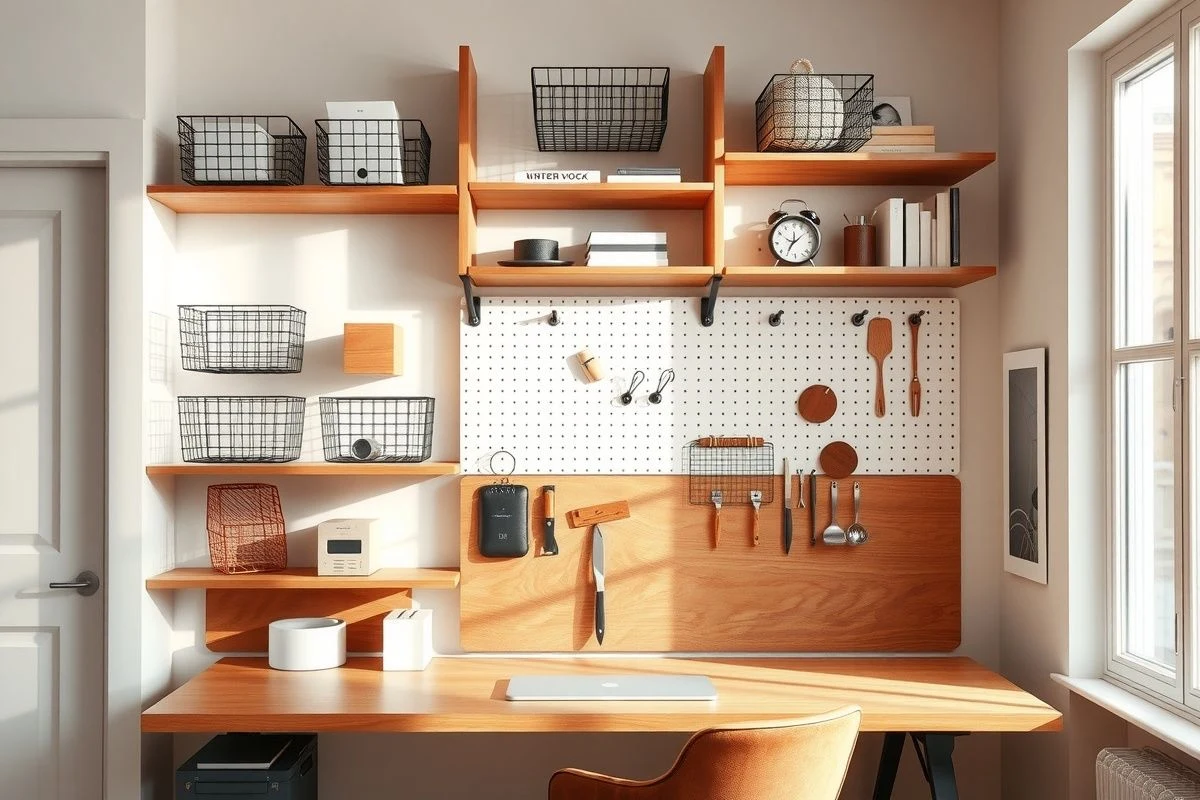 Oficina en casa con sistema modular de almacenaje vertical y escritorio