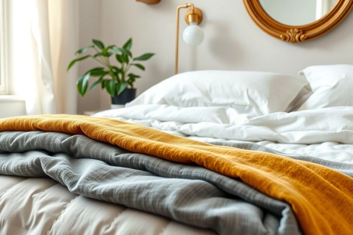 Detalles finales: cojines, plantas y accesorios en tonos gris y mostaza