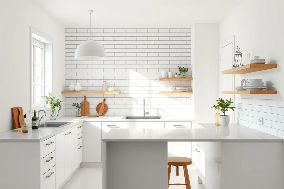 Cocina minimalista en tonos claros con azulejos grandes y encimera brillante