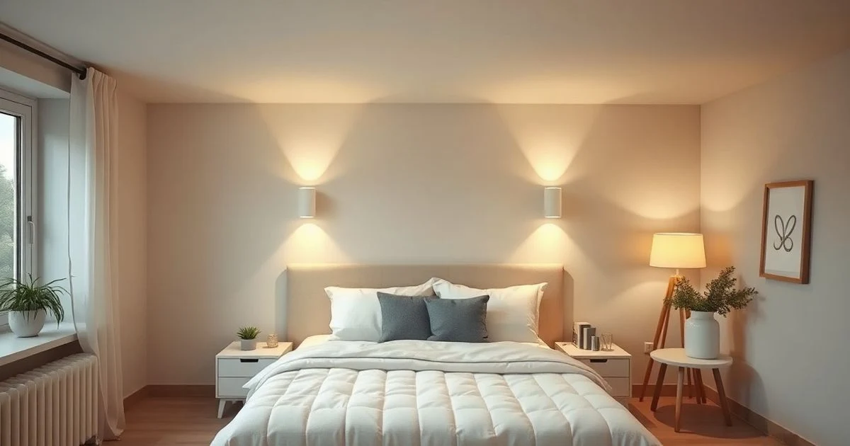 Dormitorio moderno sin luz natural con múltiples fuentes de iluminación artificial