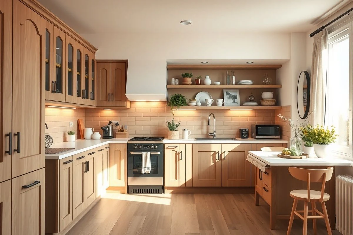 Cocina renovada completa: muebles antiguos con iluminación y color nuevos