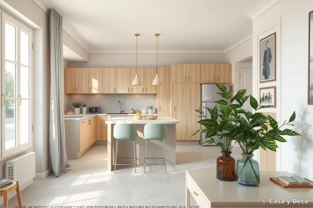 Plantas decorativas en zona de transición cocina-salón.