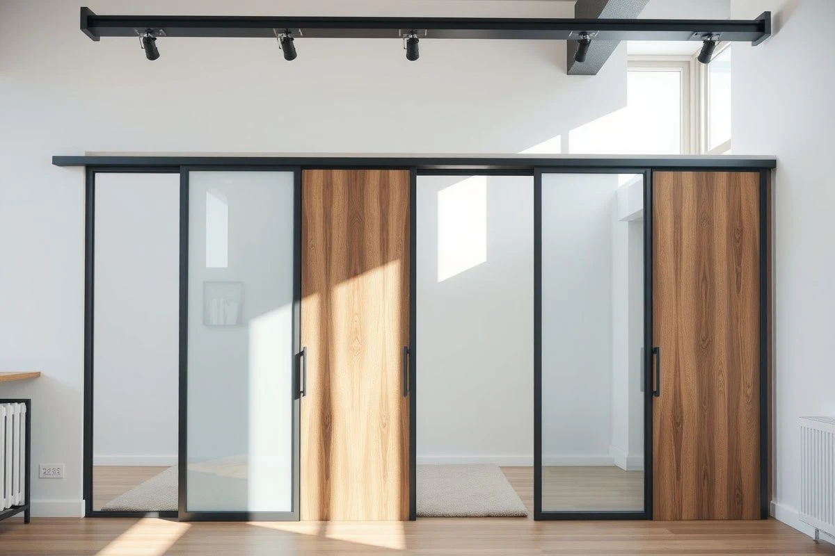 Imagen ilustrativa: paneles deslizantes de madera y vidrio dividiendo un loft.