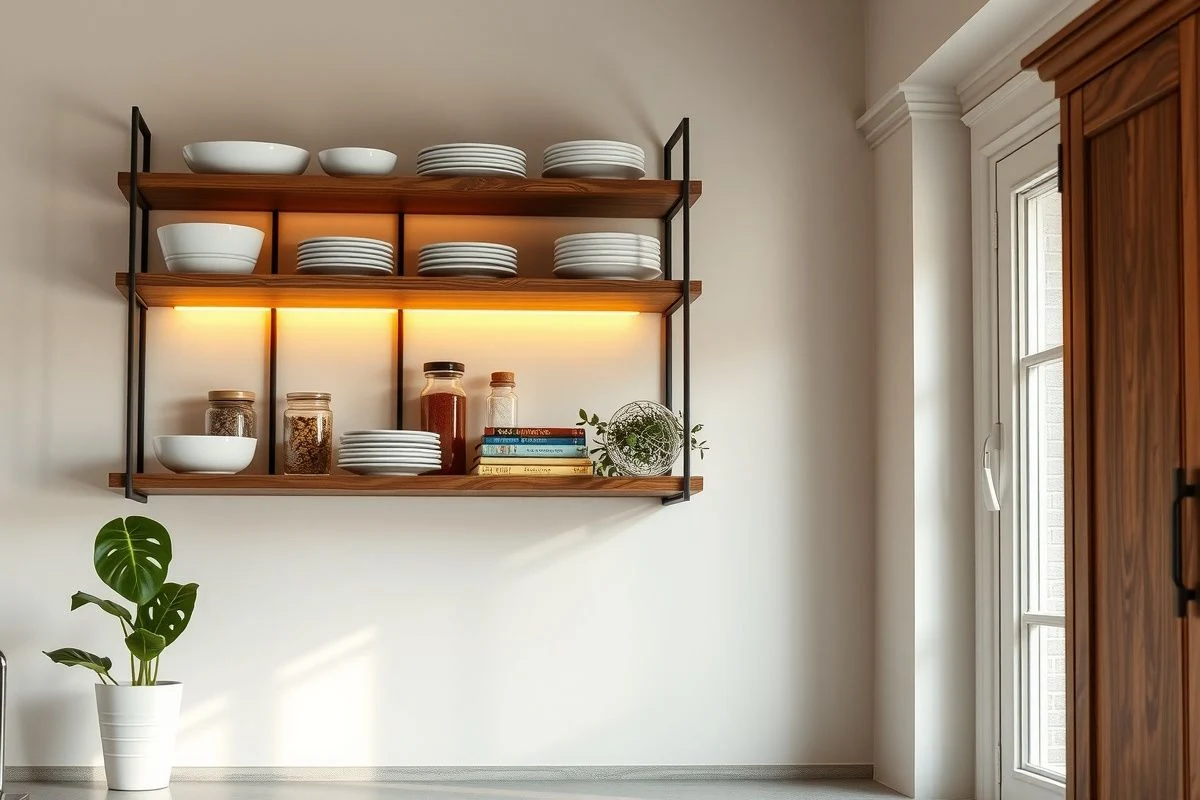 Estantería abierta moderna con plantas y cerámica en cocina antigua