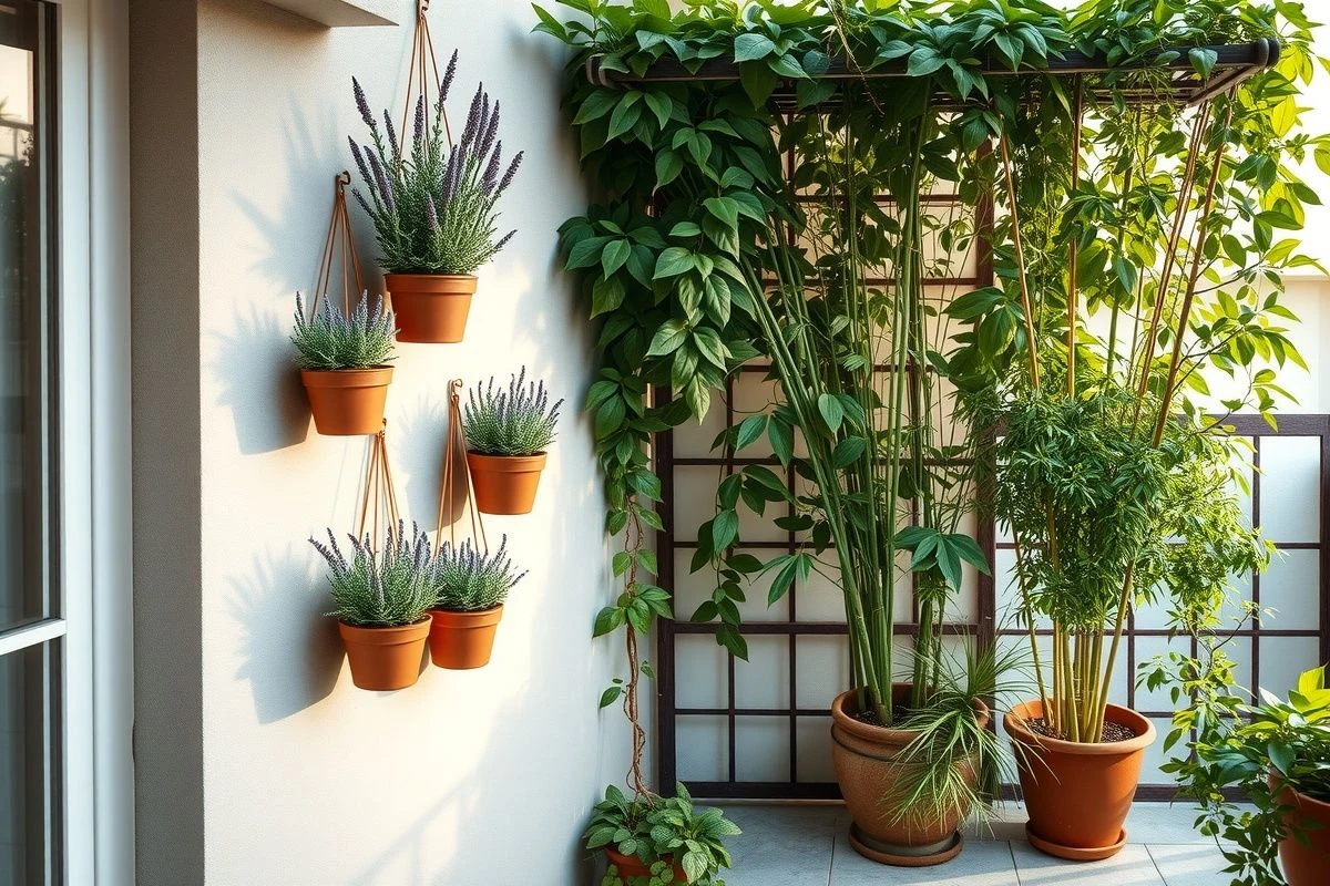Vertical garden with aromatic plants and climbing vines on small terrace