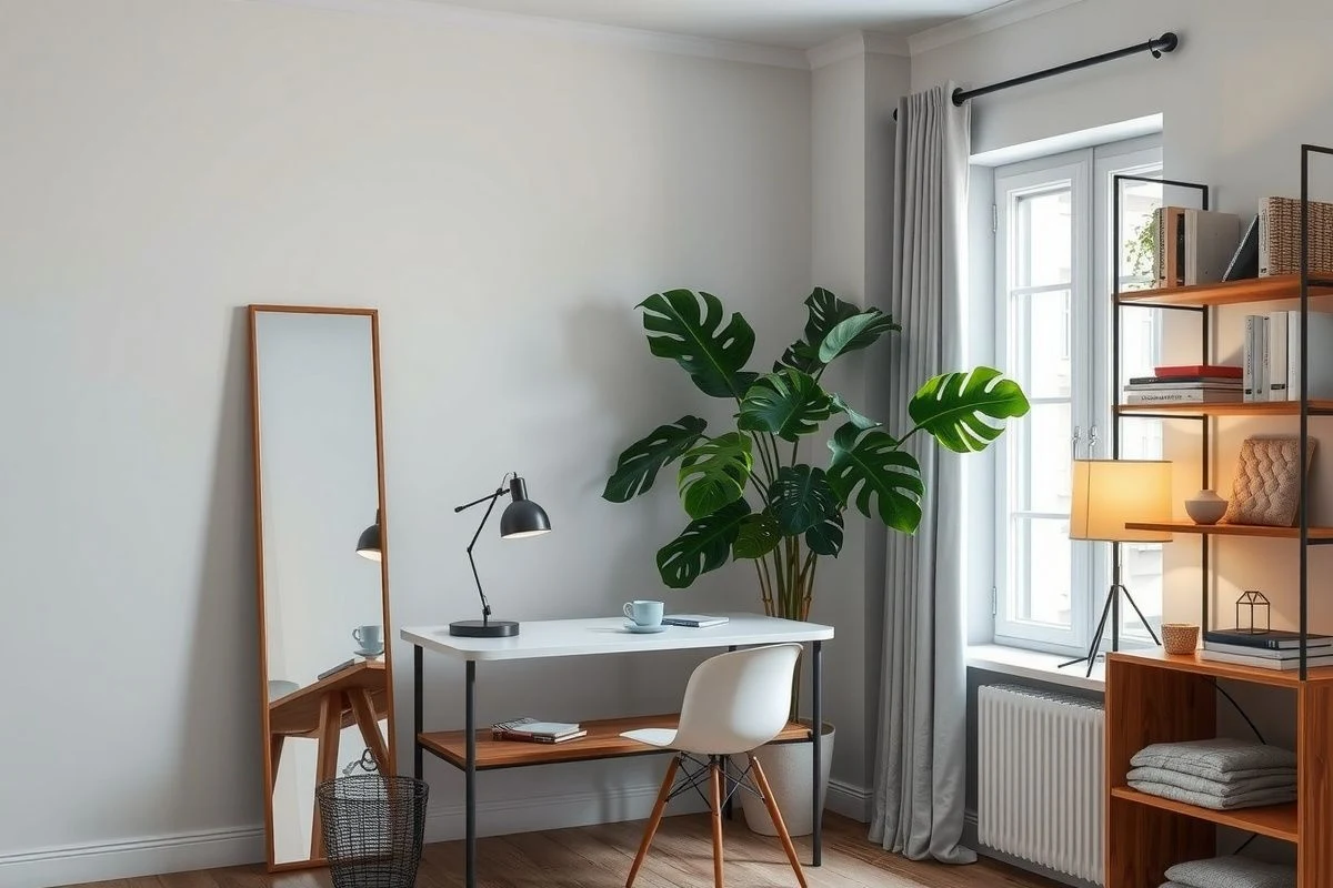 Large mirror reflecting light, living plants, and layered lighting