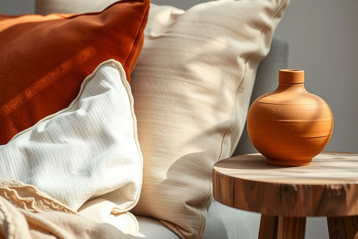Detail of earth tone textures: linen, velvet, ceramics and warm wood