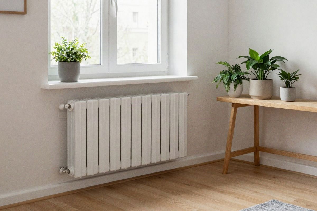 Illustrative image: white radiator under window with Nordic decorative accessories