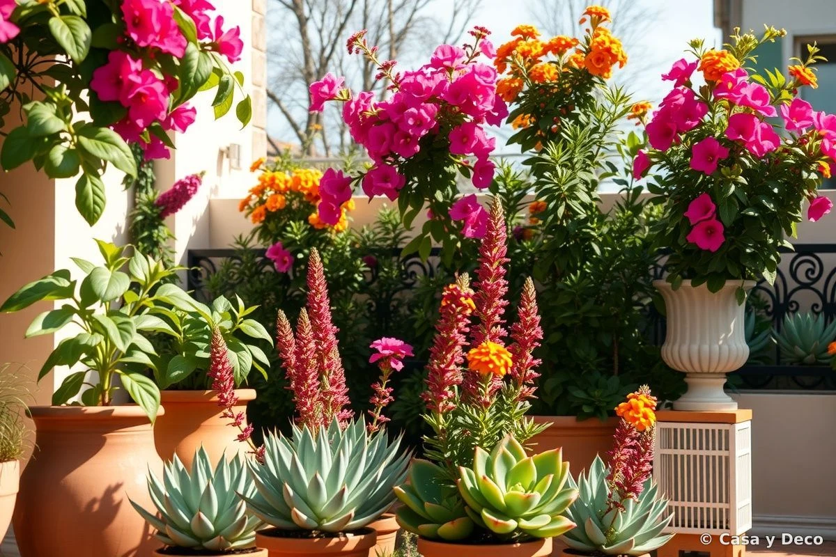 Complete terrace with bougainvillea, lantana, sage and succulents in full bloom