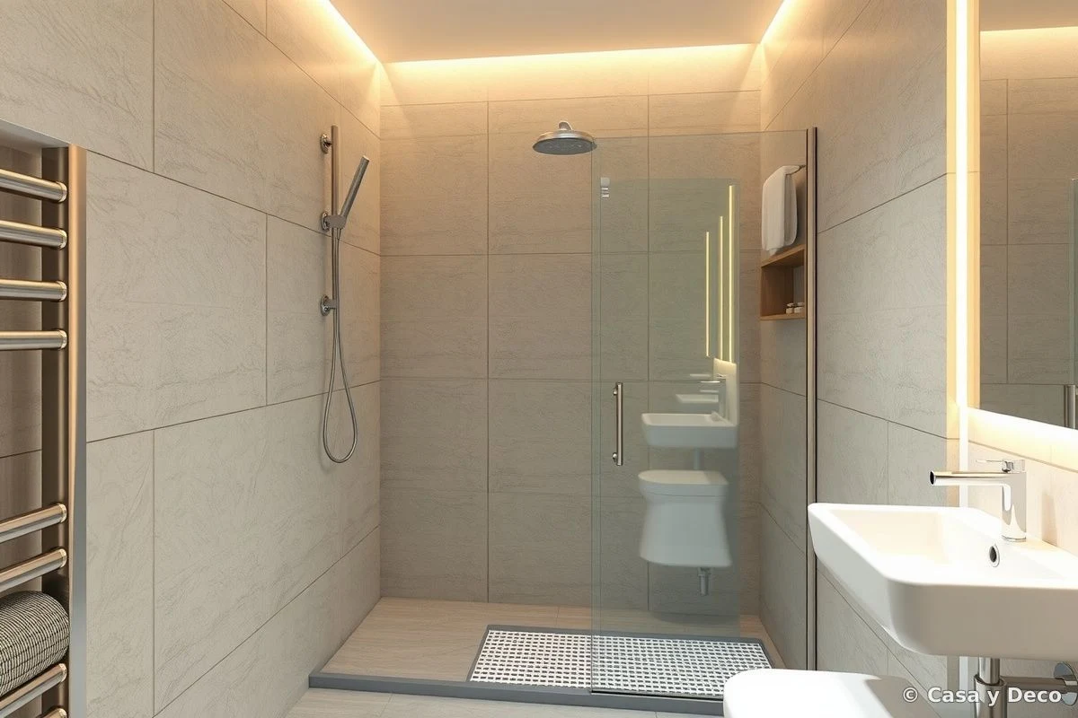 Baño pequeño con sistema de drenaje lineal y nichos funcionales iluminados