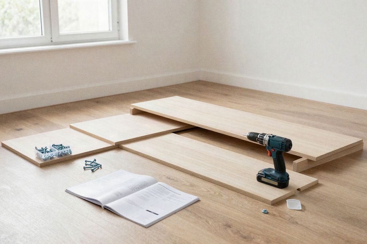 Illustrative image: organized assembly of flatpack furniture with tools and instructions.