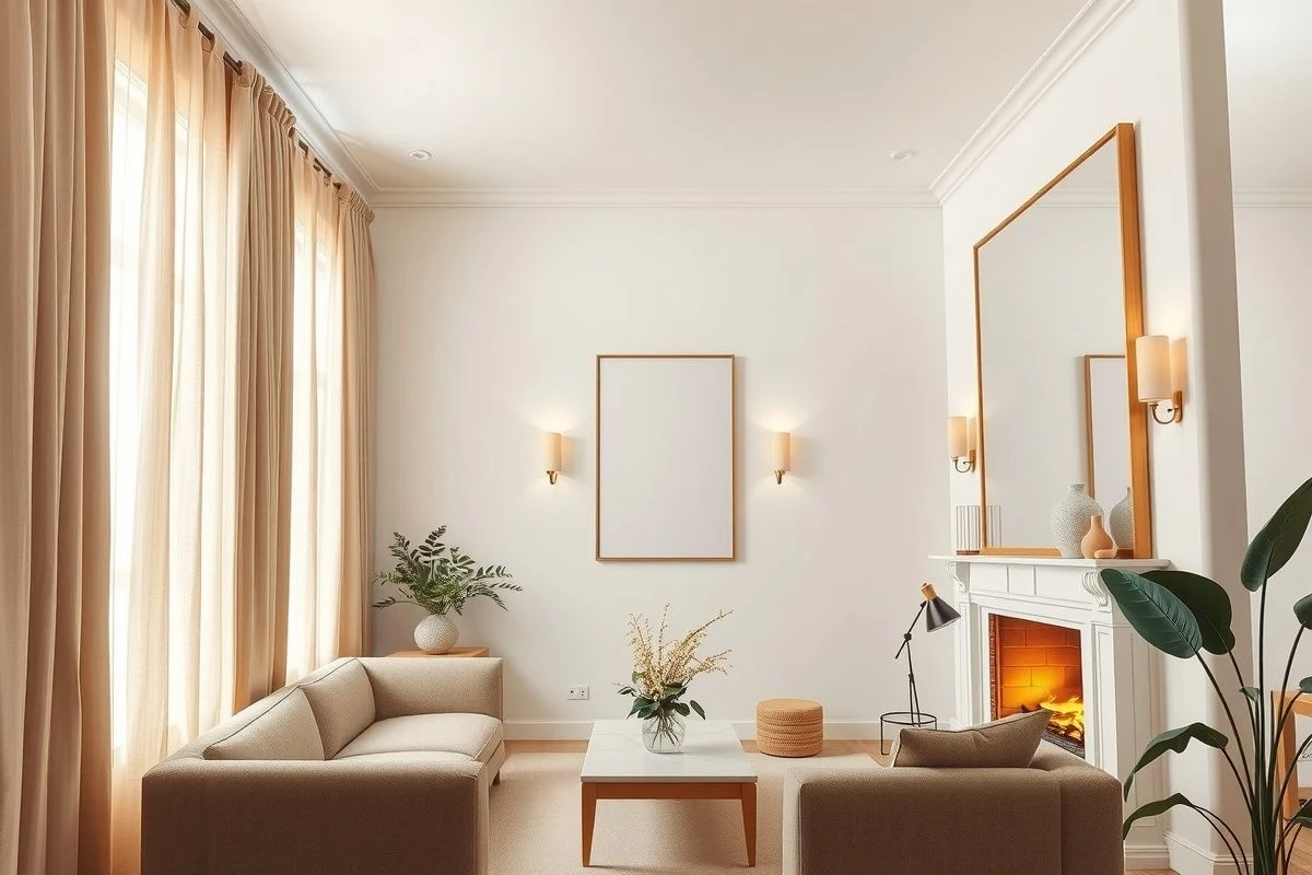 Cortinas altas y espejo vertical multiplican luz y profundidad en salón pequeño