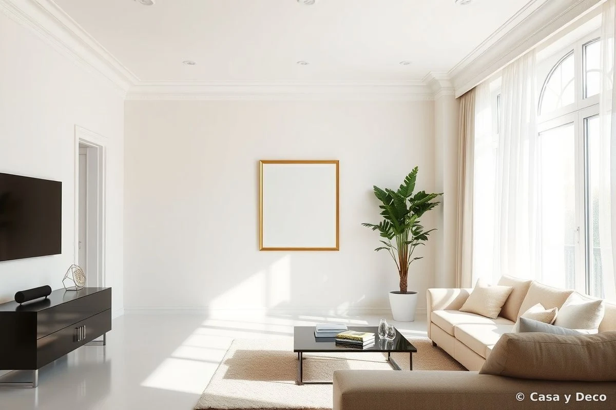 Salón luminoso con paredes claras, decoración minimalista y plantas verdes estratégicas