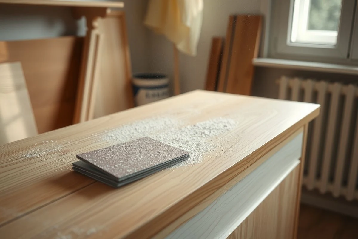 Sanding melamine surface with 120-grit sandpaper