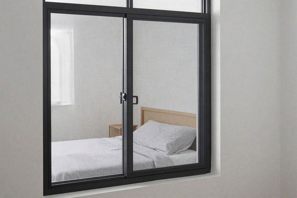 Imagen ilustrativa: ventana con mosquitera fija de aluminio discreto en dormitorio