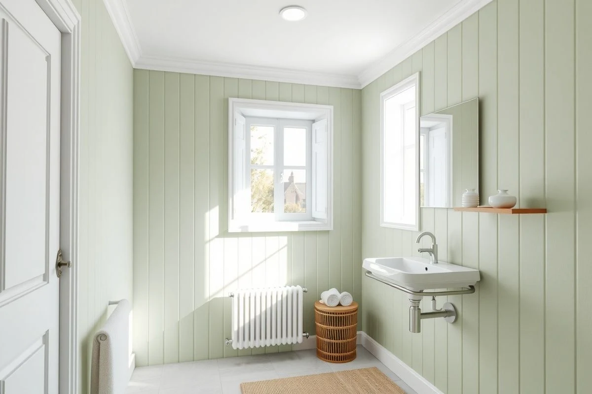 Baño pequeño con verde salvia, techo blanco y máxima luz natural