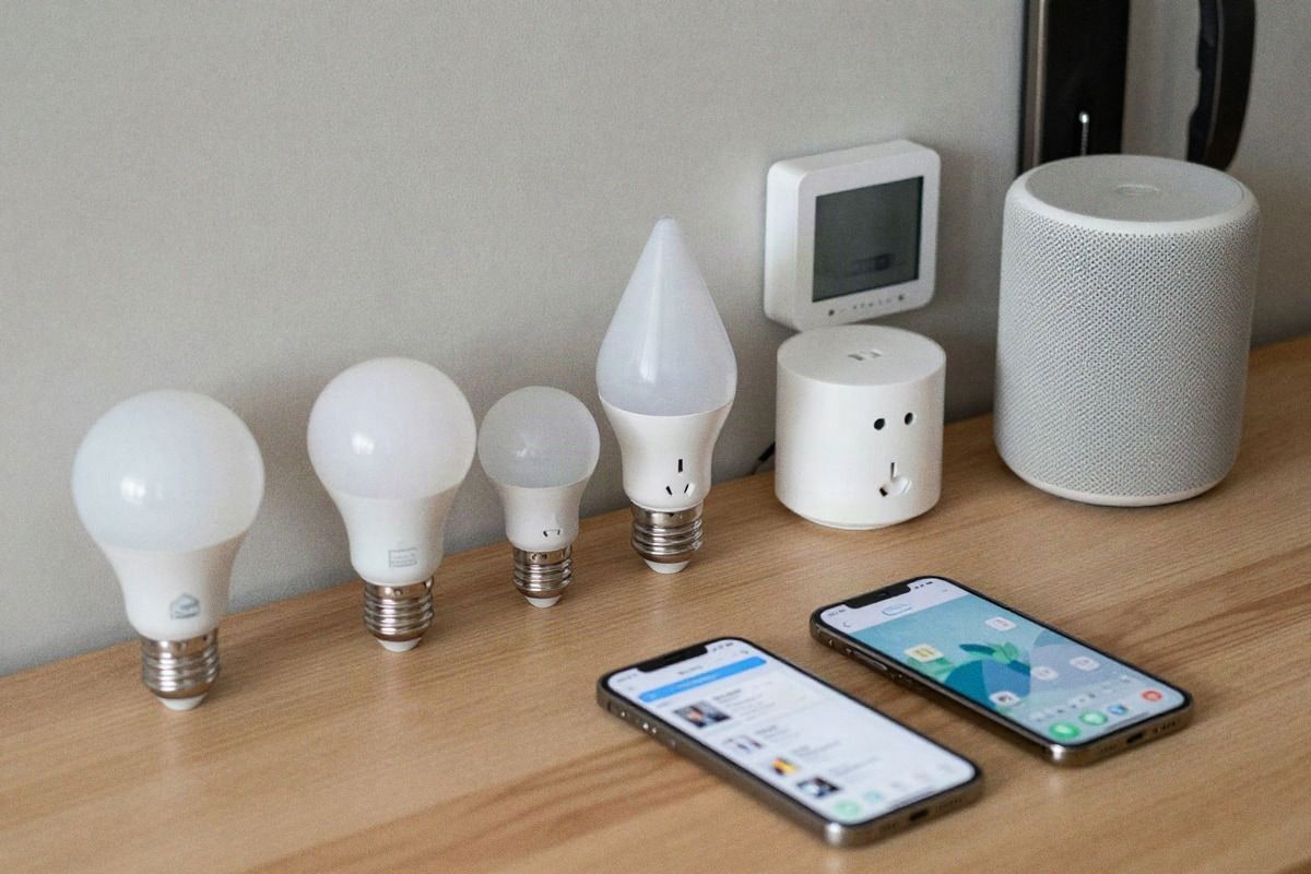 Illustrative image: various basic and accessible smart home devices gathered on a wooden surface