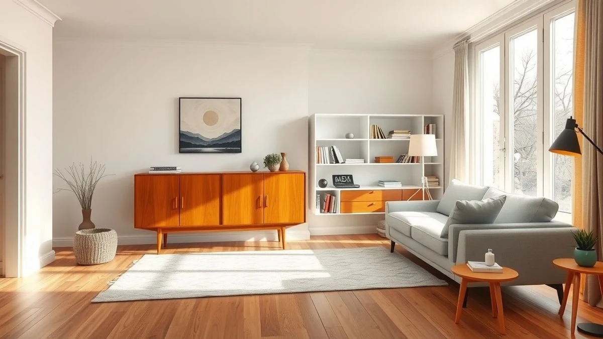 Living room with a vintage teak sideboard integrated into contemporary decor