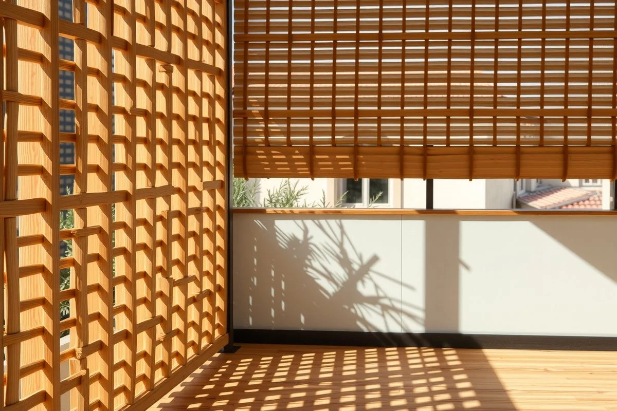 Celosía de madera creando sombra y privacidad