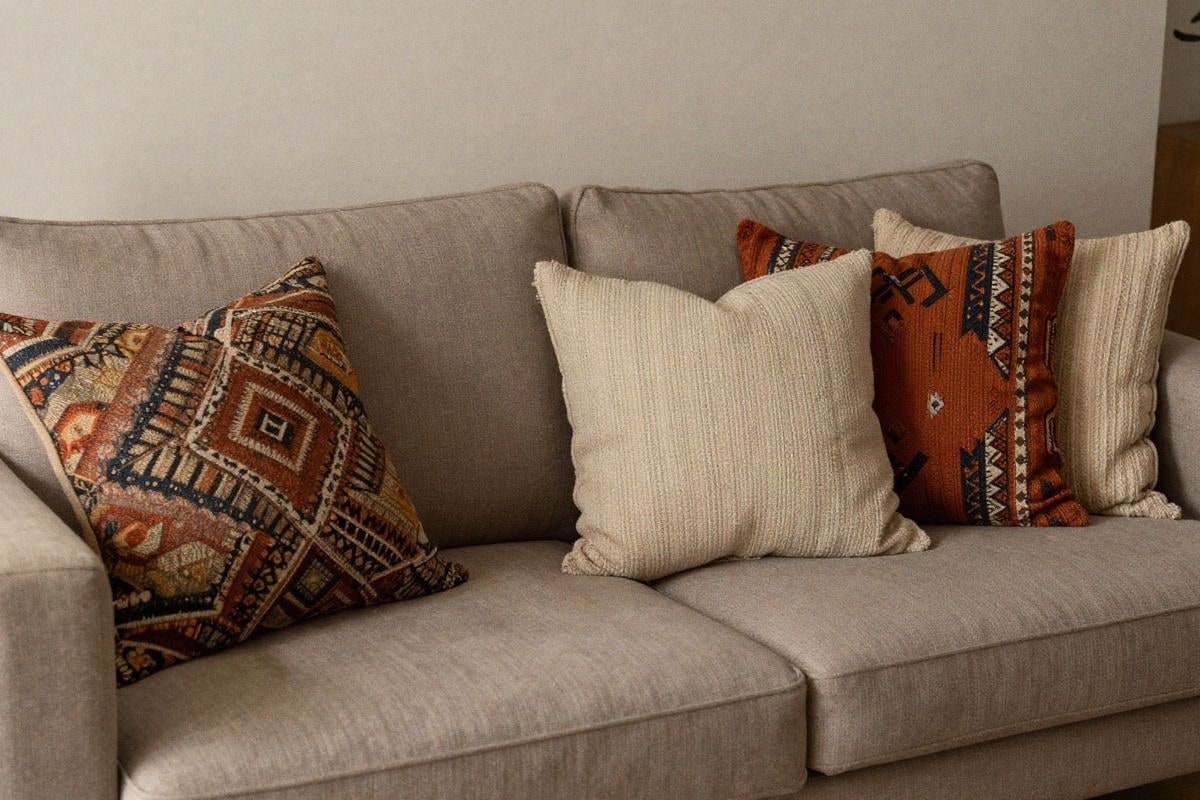 Illustrative image: sofa with multiple bohemian cushions in varied colors and patterns