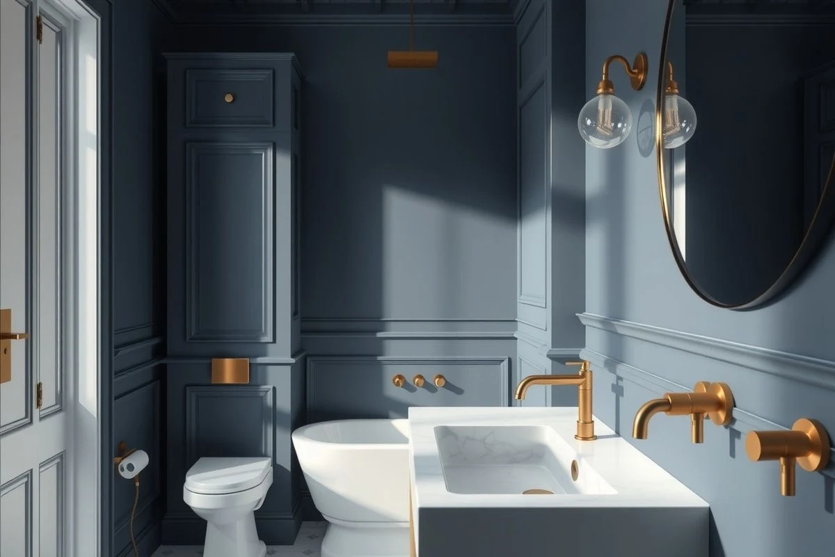 Bathroom with navy blue walls and brass gold finishes