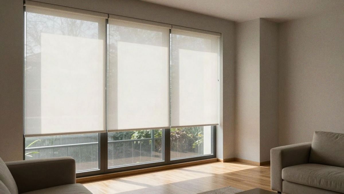 Imagen ilustrativa: salón moderno con estor traslúcido en ventana orientada al sur