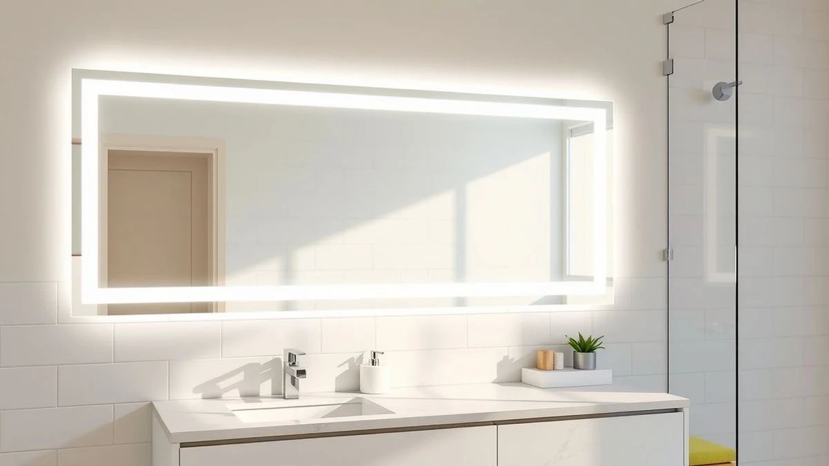 Espejo moderno con luz LED integrada en baño luminoso y minimalista