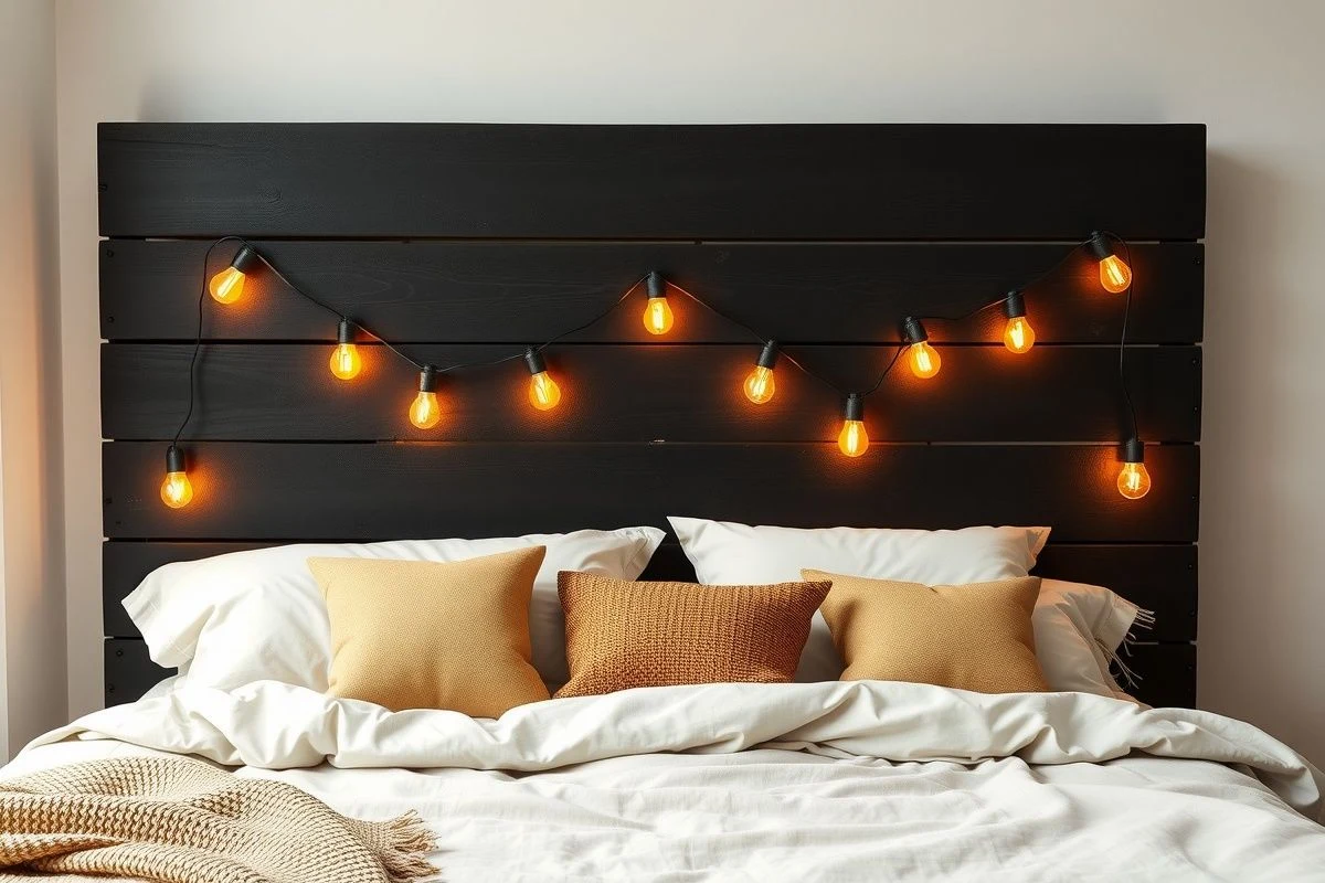 Cabecero negro de palets con luces decorativas y cojines
