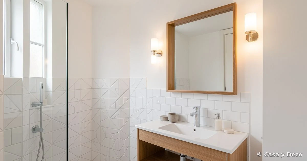 Baño con azulejos hidráulicos en media pared y blanco neutro