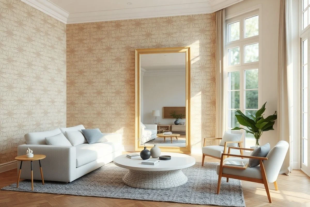 Salón con papel geométrico en una pared y espejo reflectante enfrente