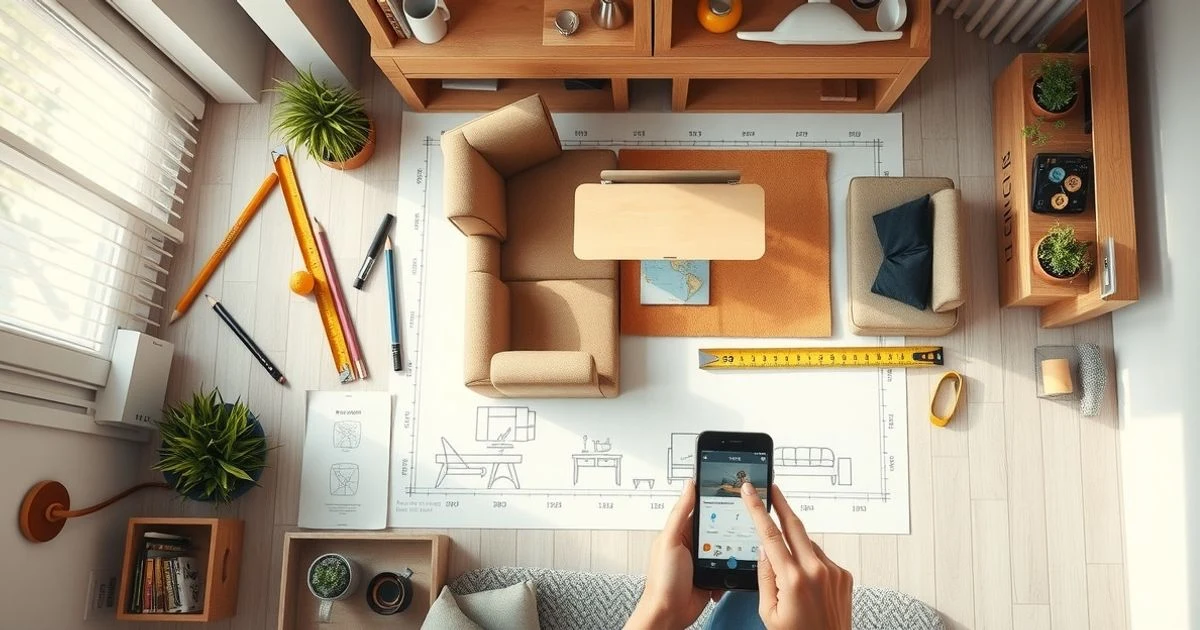 Scale plan of a studio with cut-out furniture