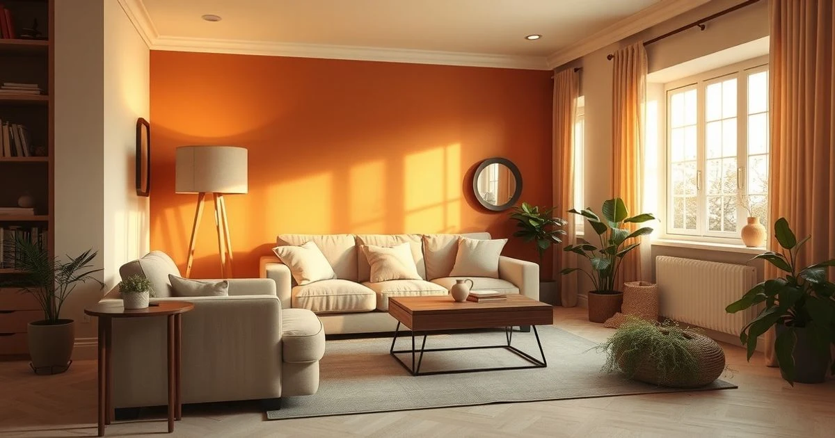 Salón acogedor con tonos tierra, sofá arena, iluminación cálida y plantas naturales