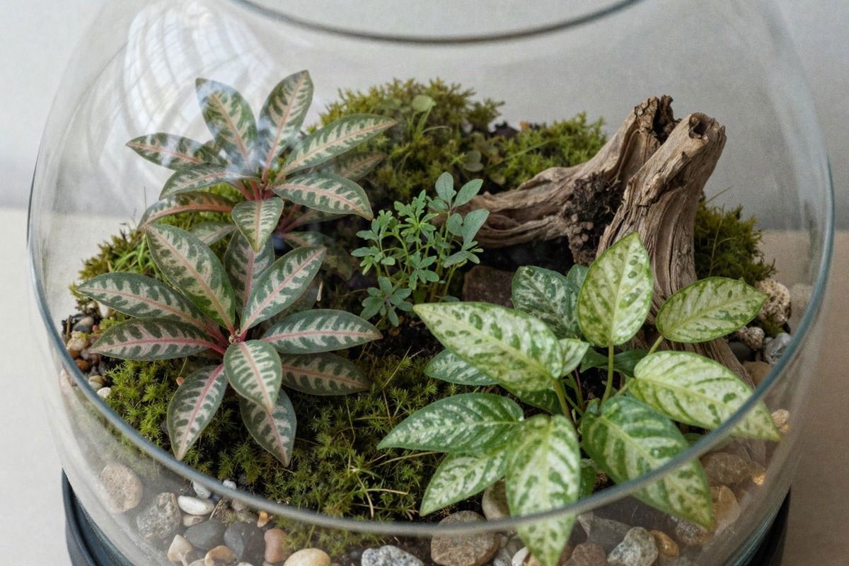 Illustrative image: overhead view of open terrarium with small plants well spaced.