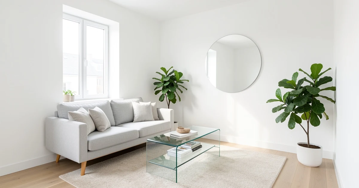 Bright small living room with light grey sofa and large mirror